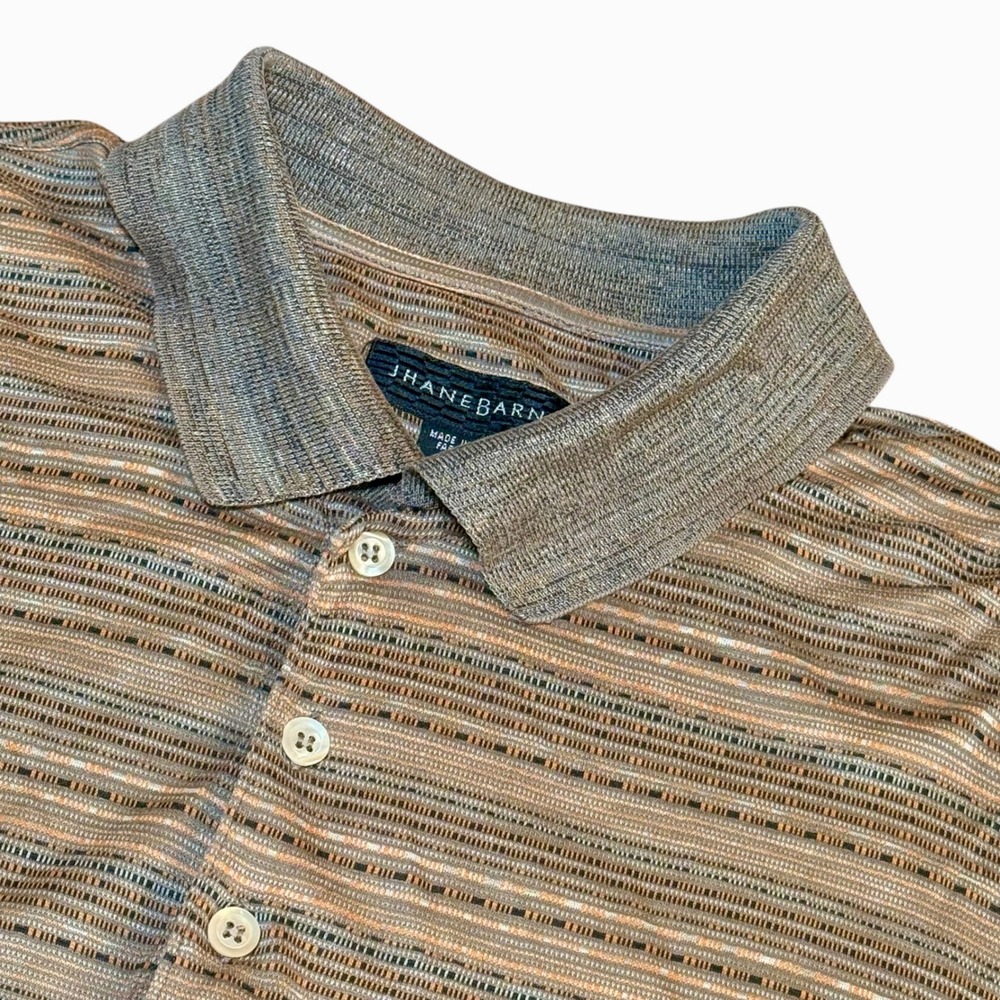 Jhane Barnes Mens L Brown Textured Knit Stripe Short Sleeve Polo Shirt Cotton